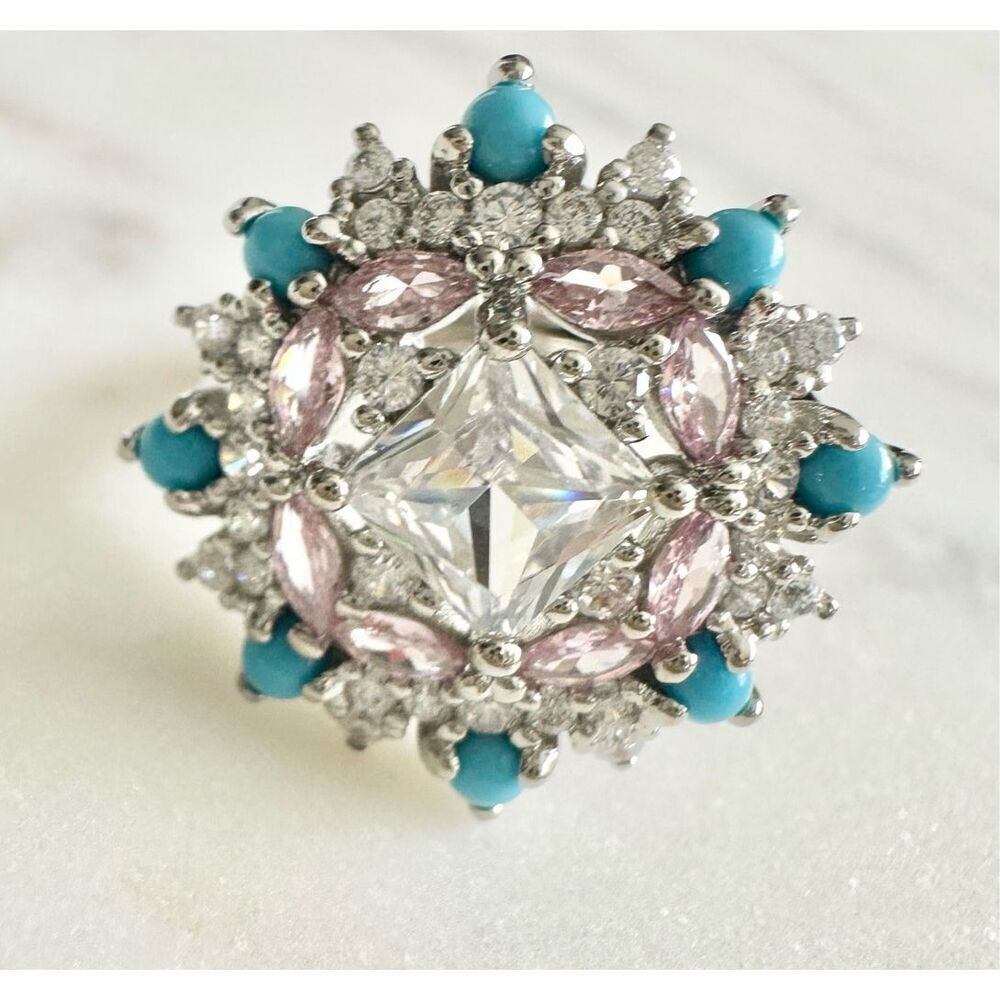 Light pink and turquoise blue cubic zirconia adjustable cocktail ring ￼